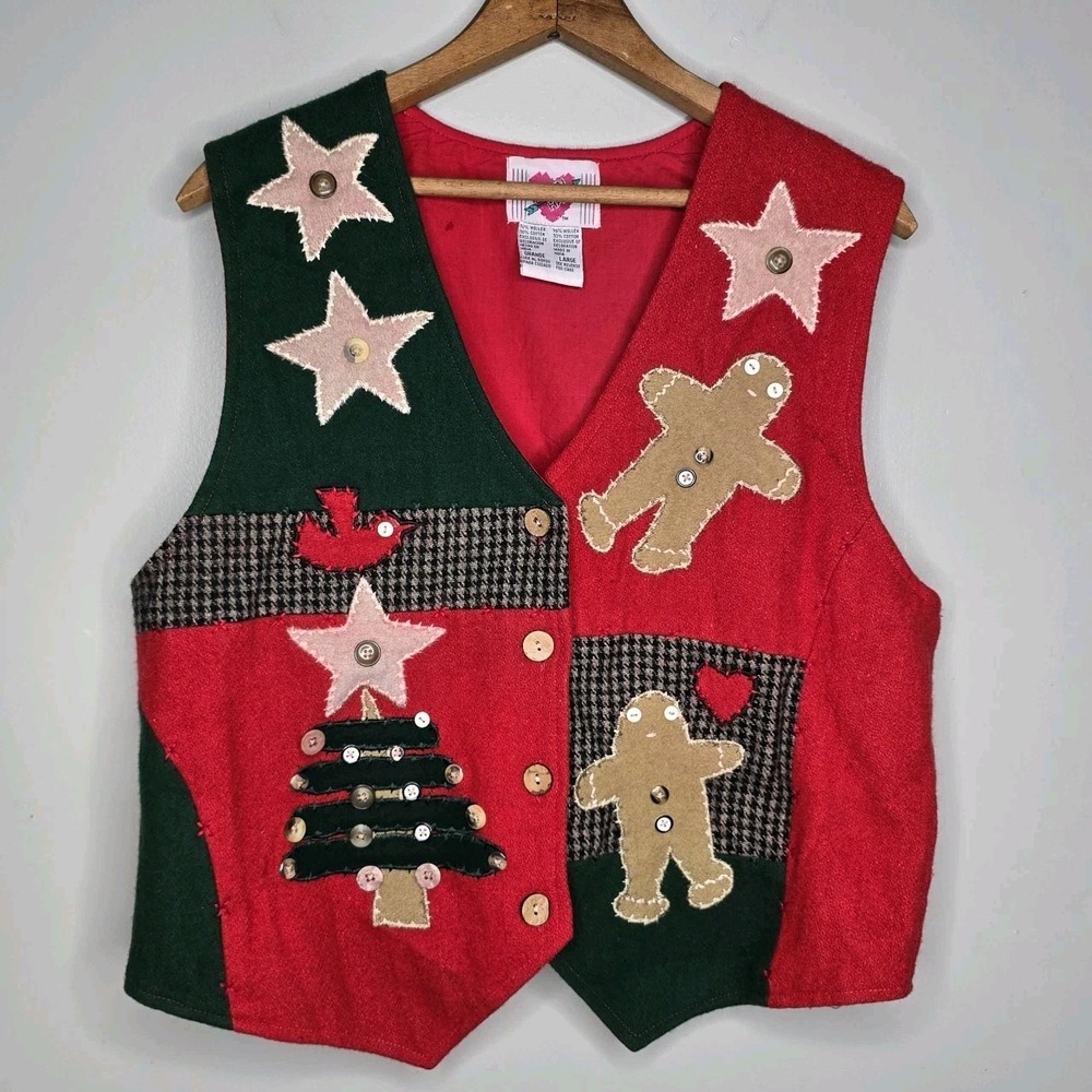 Keren Hart Christmas Vest Womens Large Red Green Gingerbread Tree Wool Blend L